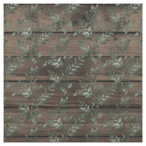Green Leaves on Rustic Brown Wood Fabric