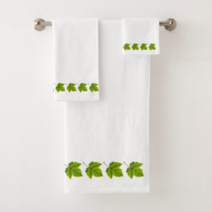 Green Leaves on White Bath Towel Set