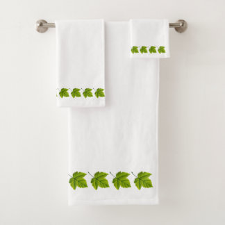 Green Leaves on White Bath Towel Set