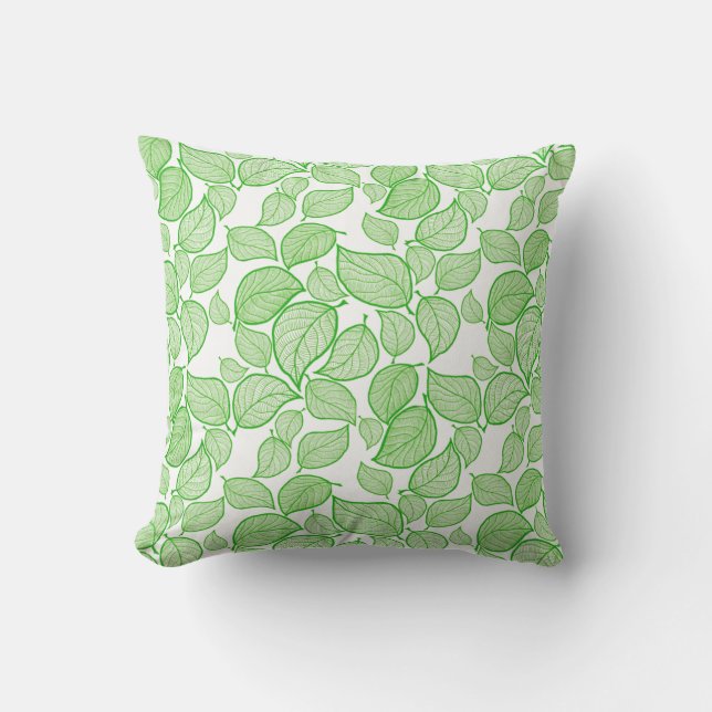 Green Leaves on White Throw Pillow (Front)