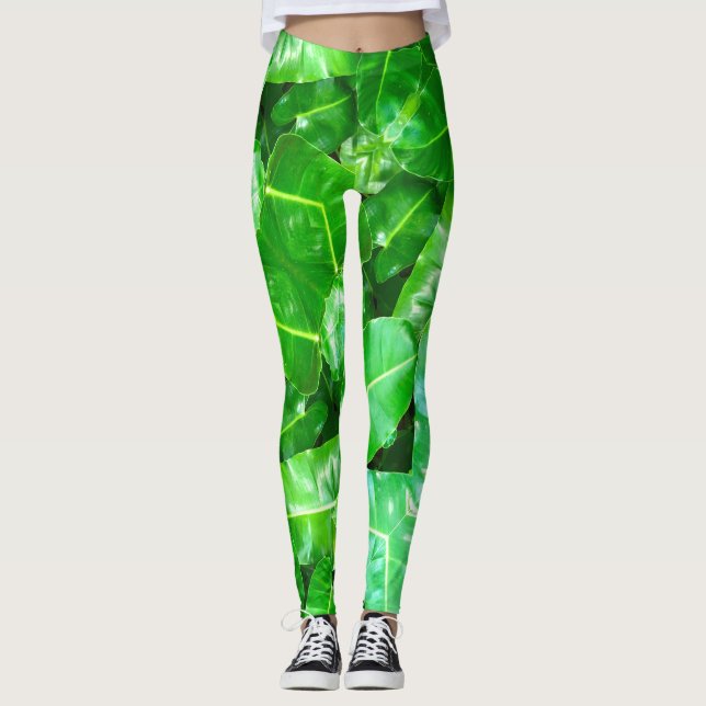 Green leaves Palm Leaf tropical foliage jungle  Leggings (Front)