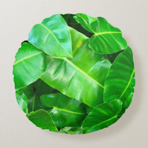 Green leaves Palm Leaf tropical foliage jungle Round Pillow