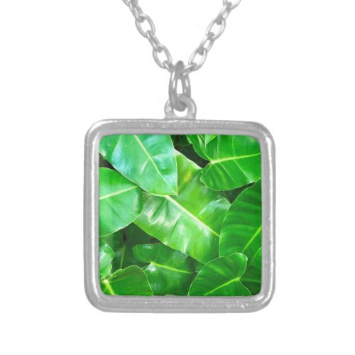 Green leaves Palm Leaf tropical foliage jungle  Silver Plated Necklace