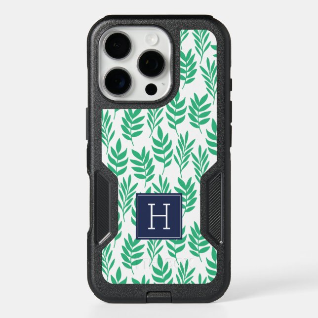 Green Leaves Pattern and Blue Monogram Otterbox iPhone Case (Back)