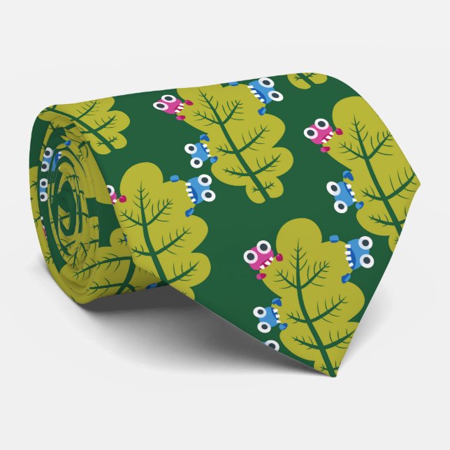 Green Leaves Pattern Cartoon Bugs Fun Spring Neck Tie (Rolled)