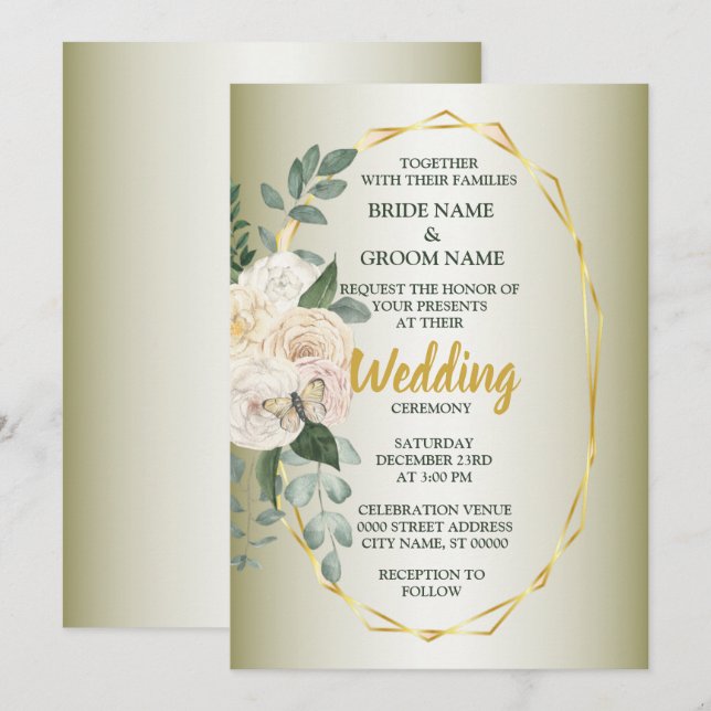 Green Leaves Pink Floral Golden Geometric Wedding Invitation (Front/Back)