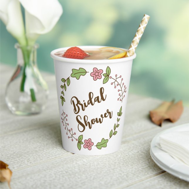 Green Leaves Pink Flower Bridal Shower Paper Cups (Insitu)