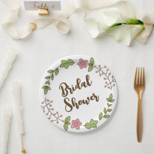 Green Leaves Pink Flower Bridal Shower Paper Plates