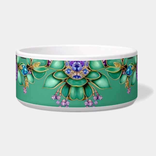 Green Leaves Purple Gemstones Pet Bowl (Front)