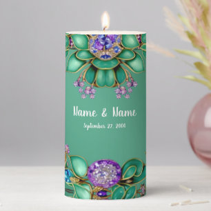 Green Leaves Purple Gemstones Pillar Candle