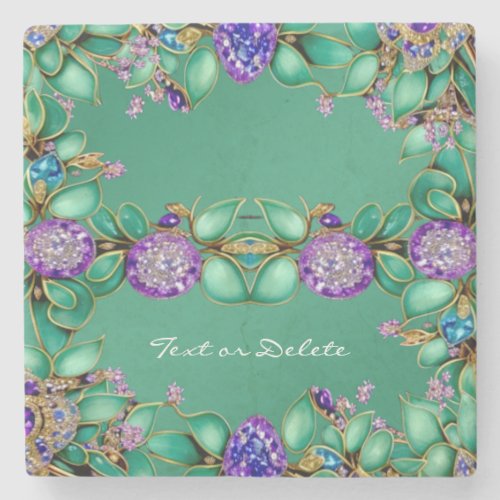 Green Leaves Purple Gemstones Stone Coaster