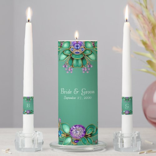 Green Leaves Purple Gemstones Unity Candle Set