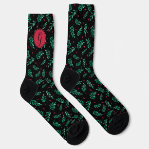 Green Leaves & Red Berries Christmas Pattern Black Socks