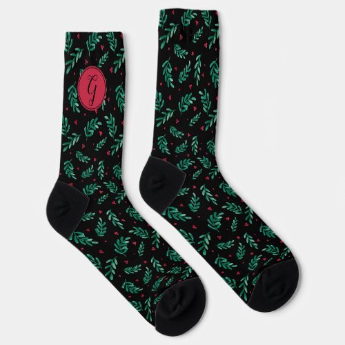 Green Leaves  Red Berries Christmas Pattern Black Socks