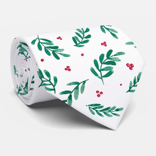 Green Leaves  Red Berries Christmas Pattern White Neck Tie