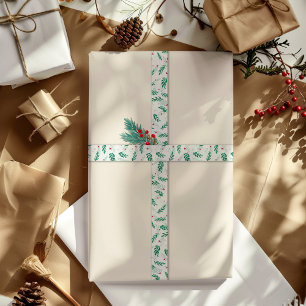 Green Leaves & Red Berries Christmas Pattern White Satin Ribbon