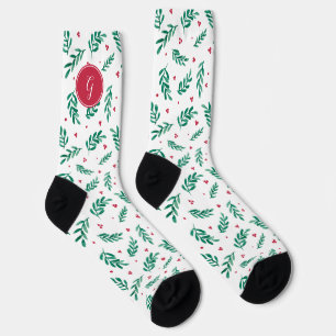 Green Leaves & Red Berries Christmas Pattern White Socks