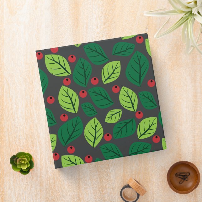 Green Leaves, Red Berries, Pattern Of Leaves 3 Ring Binder (In Situ)