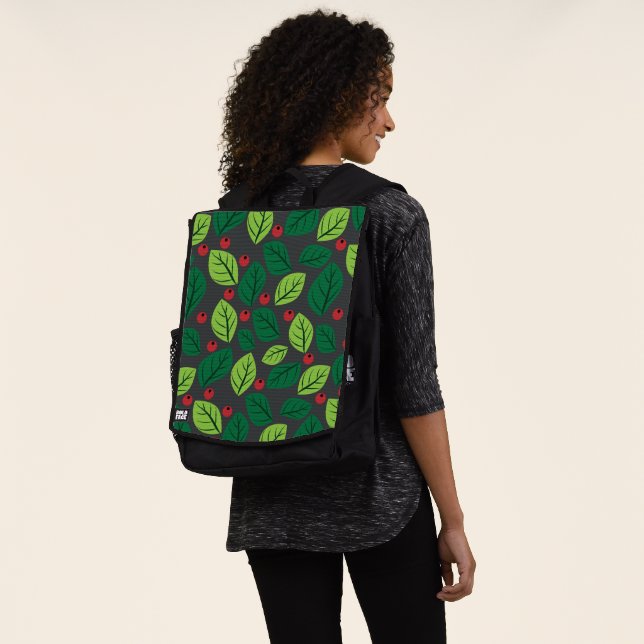 Green Leaves, Red Berries, Pattern Of Leaves Backpack (Worn)