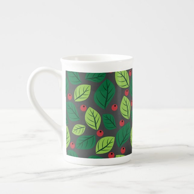 Green Leaves, Red Berries, Pattern Of Leaves Bone China Mug (Left)