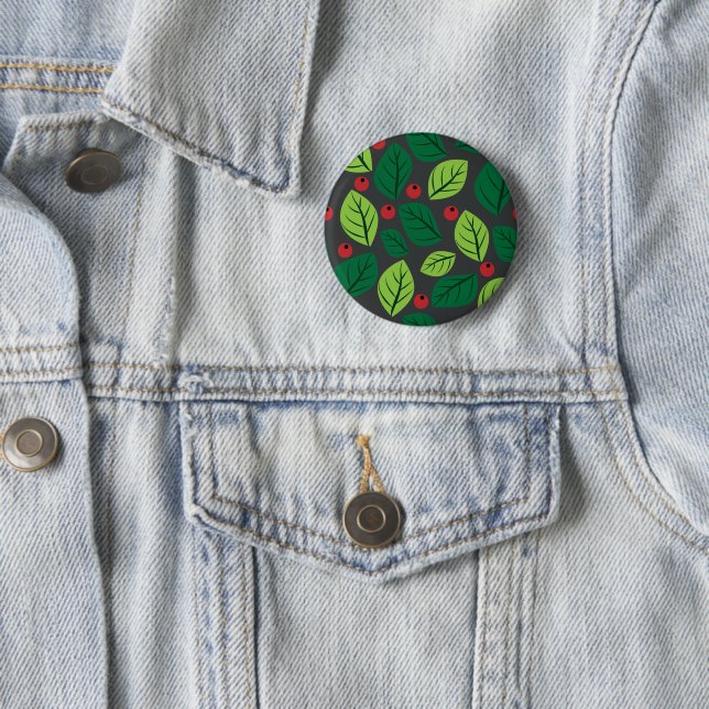 Green Leaves, Red Berries, Pattern Of Leaves Button (In Situ)