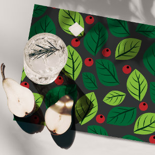 Green Leaves, Red Berries, Pattern Of Leaves Cloth Placemat