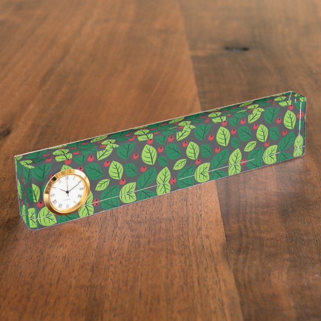 Green Leaves, Red Berries, Pattern Of Leaves Desk Name Plate (Side)