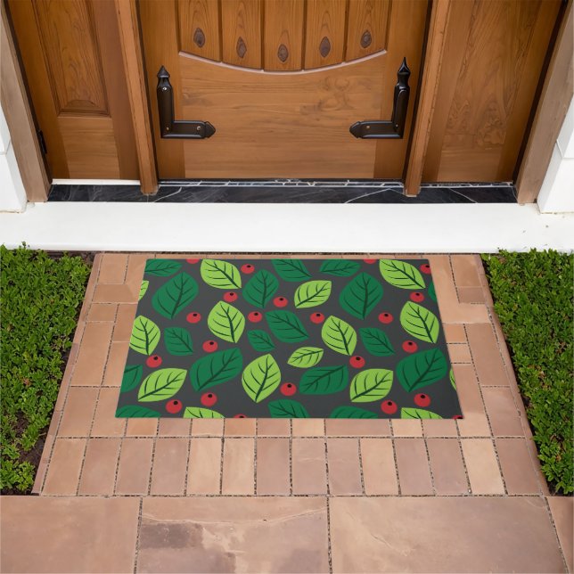 Green Leaves, Red Berries, Pattern Of Leaves Doormat (Outdoor)