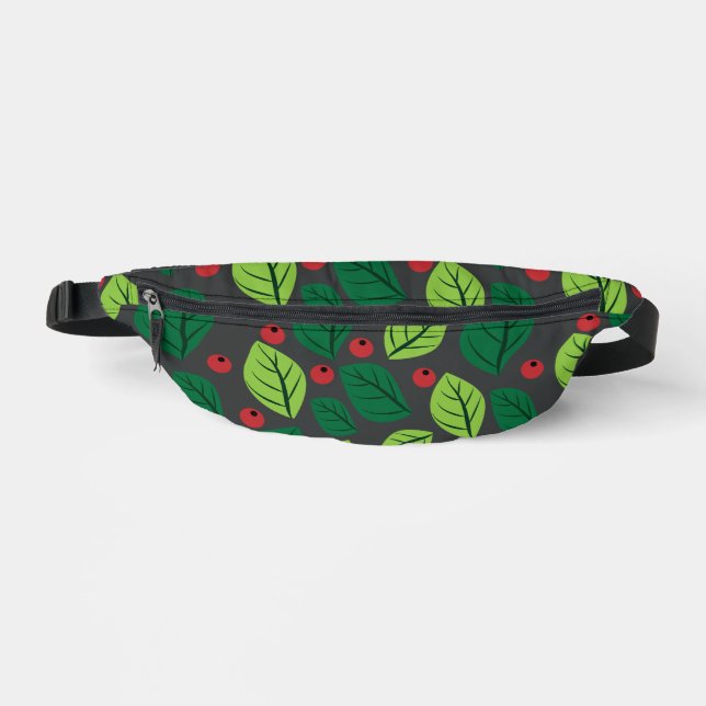 Green Leaves, Red Berries, Pattern Of Leaves Fanny Pack (Front)