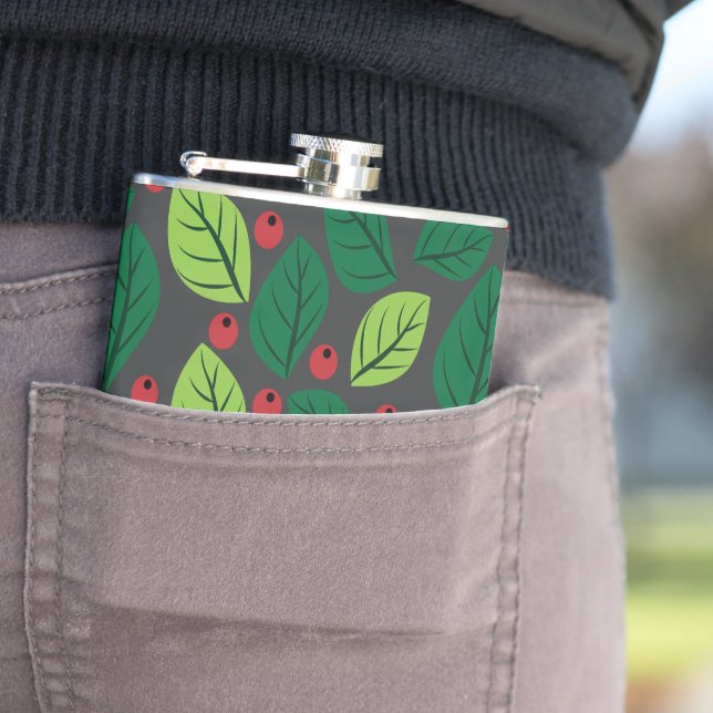 Green Leaves, Red Berries, Pattern Of Leaves Flask (In Situ)