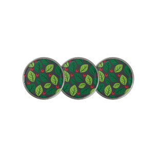 Green Leaves, Red Berries, Pattern Of Leaves Golf Ball Marker