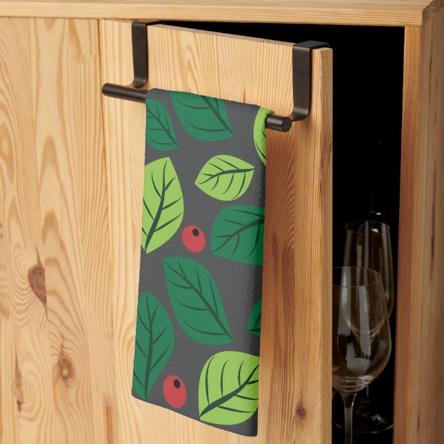 Green Leaves, Red Berries, Pattern Of Leaves Kitchen Towel (Thirds Fold)