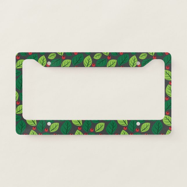 Green Leaves, Red Berries, Pattern Of Leaves License Plate Frame (Front)