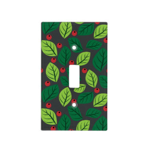 Green Leaves, Red Berries, Pattern Of Leaves Light Switch Cover