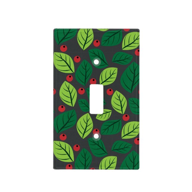 Green Leaves, Red Berries, Pattern Of Leaves Light Switch Cover (Front)