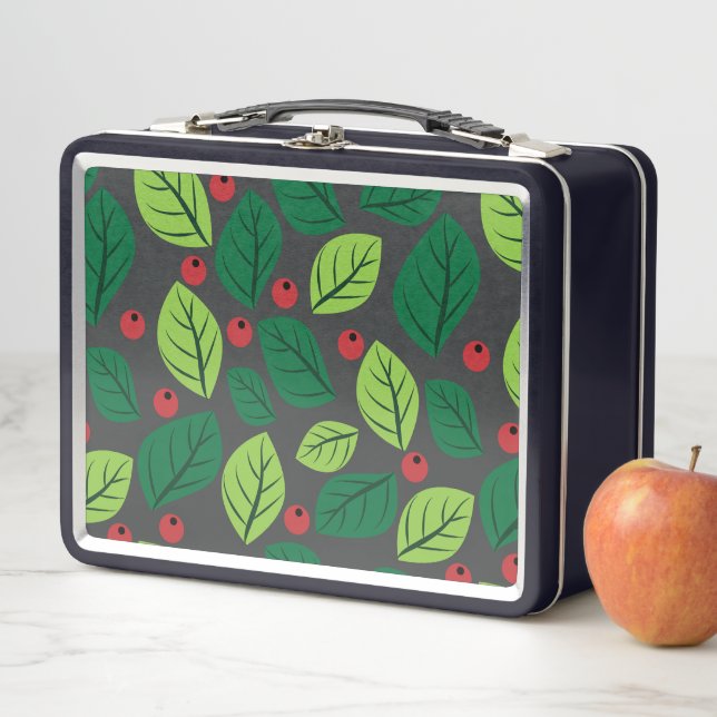 Green Leaves, Red Berries, Pattern Of Leaves Metal Lunch Box (In Situ)
