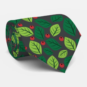 Green Leaves, Red Berries, Pattern Of Leaves Neck Tie