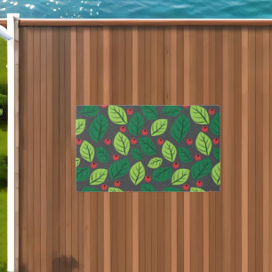 Green Leaves, Red Berries, Pattern Of Leaves Outdoor Rug