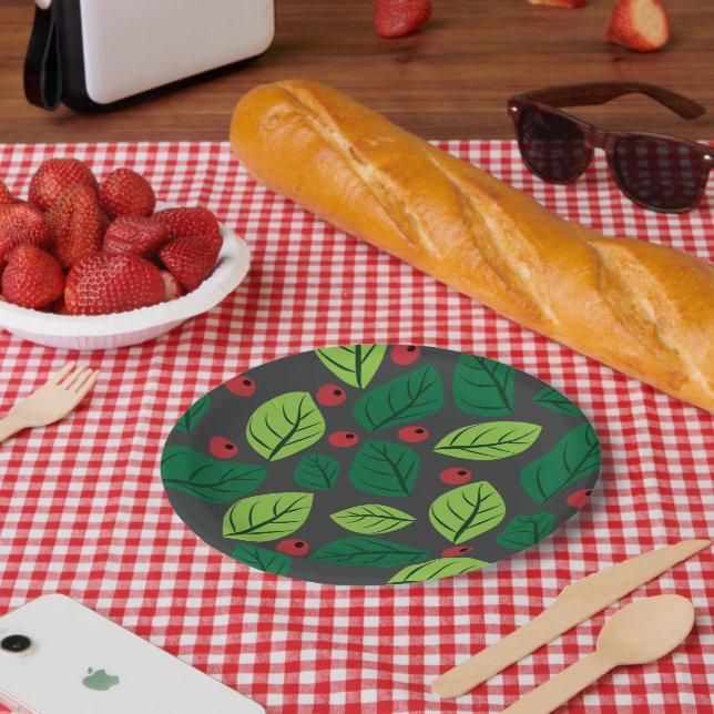 Green Leaves, Red Berries, Pattern Of Leaves Paper Plates (Picnic)