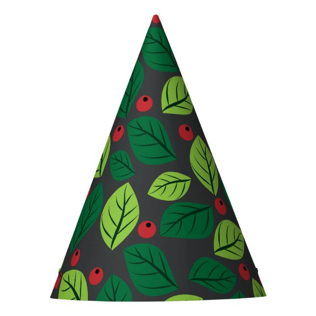 Green Leaves, Red Berries, Pattern Of Leaves Party Hat (Front)