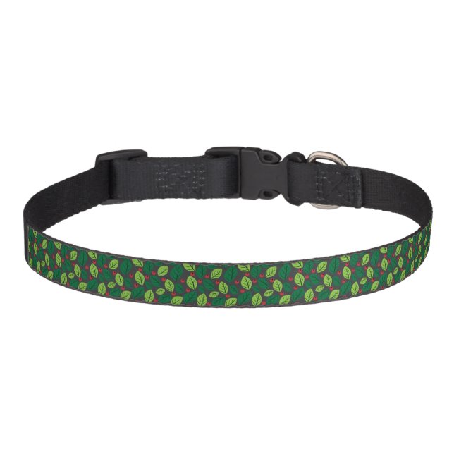 Green Leaves, Red Berries, Pattern Of Leaves Pet Collar (Front)