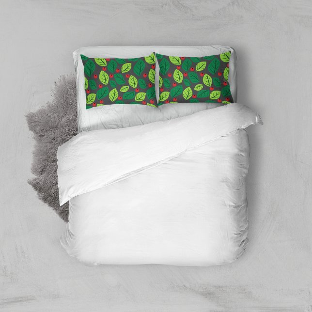 Green Leaves, Red Berries, Pattern Of Leaves Pillow Case (Creator Uploaded)