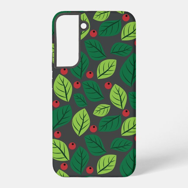 Green Leaves, Red Berries, Pattern Of Leaves Samsung Galaxy Case (Back)