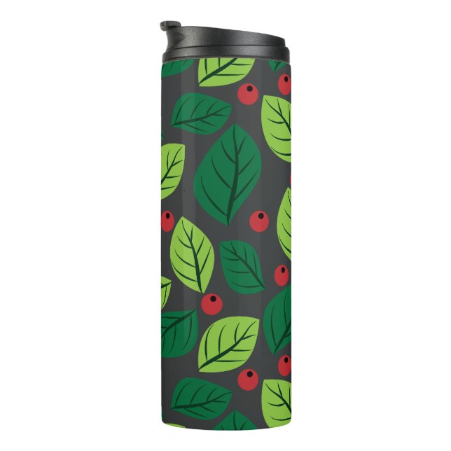 Green Leaves, Red Berries, Pattern Of Leaves Thermal Tumbler (Rotated Right)