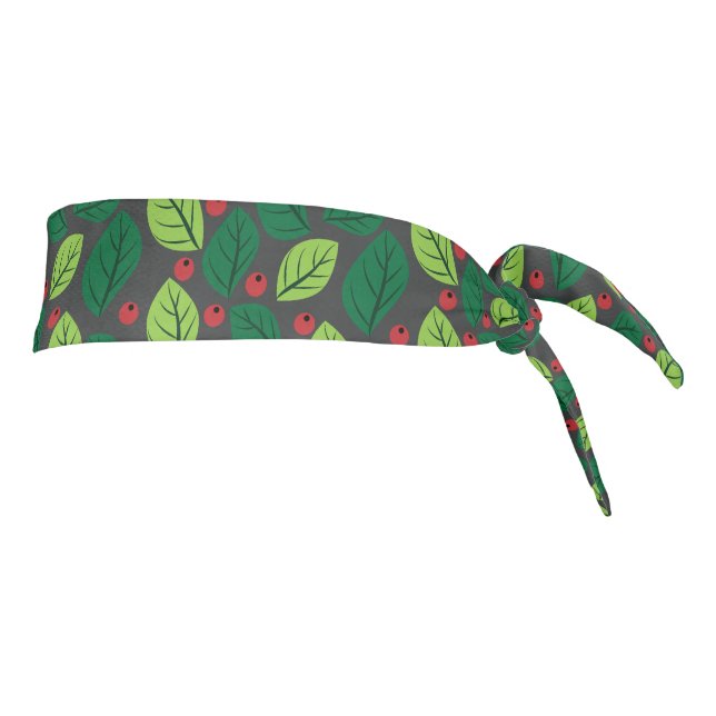 Green Leaves, Red Berries, Pattern Of Leaves Tie Headband (Rotate 90)