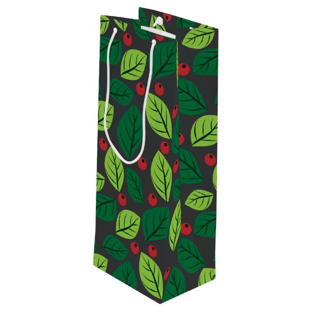 Green Leaves, Red Berries, Pattern Of Leaves Wine Gift Bag (Back Angled)