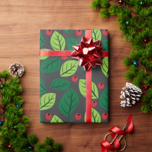 Green Leaves, Red Berries, Pattern Of Leaves Wrapping Paper