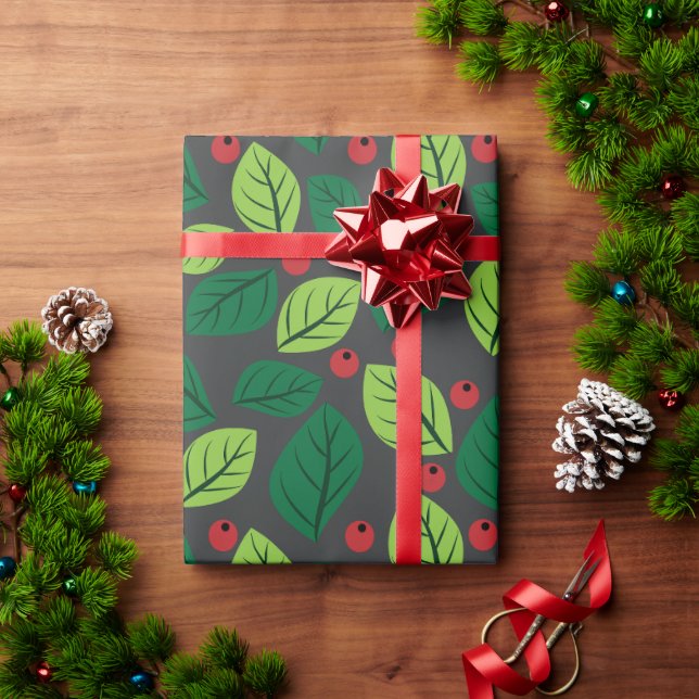 Green Leaves, Red Berries, Pattern Of Leaves Wrapping Paper (Holiday Gift)