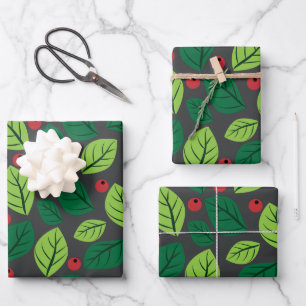 Green Leaves, Red Berries, Pattern Of Leaves Wrapping Paper Sheets