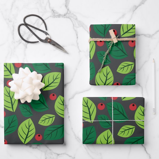 Green Leaves, Red Berries, Pattern Of Leaves Wrapping Paper Sheets (Front)